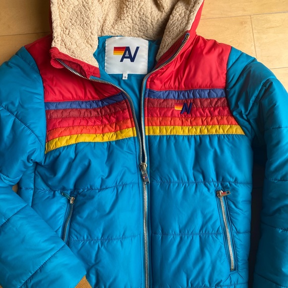 🌈AVIATOR NATION 5 STRIPE DOWN PUFFER COAT WITH SHERPA LINED HOOD🌈 - Picture 5 of 7